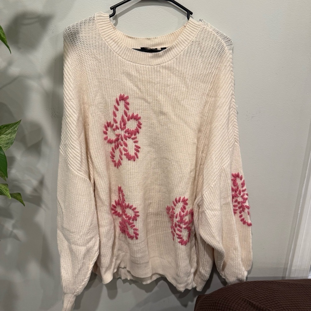 Cyrus Cream Knit Sweater with Pink Flowers Super Soft Warm 3X - Picture 3 of 5